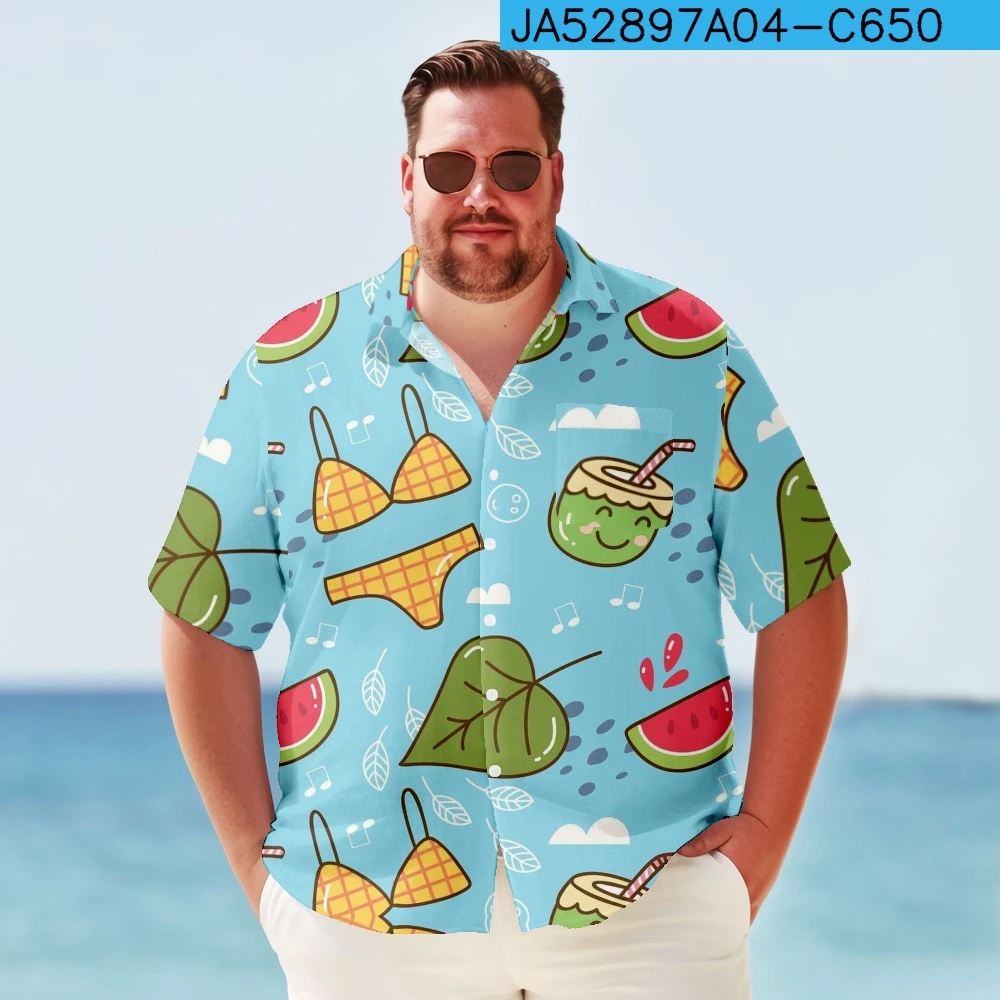 

Men Short Sleeves Blouses Summer Streetwear Casual Button Loose Blue Print Tops Hawaiian Shirt