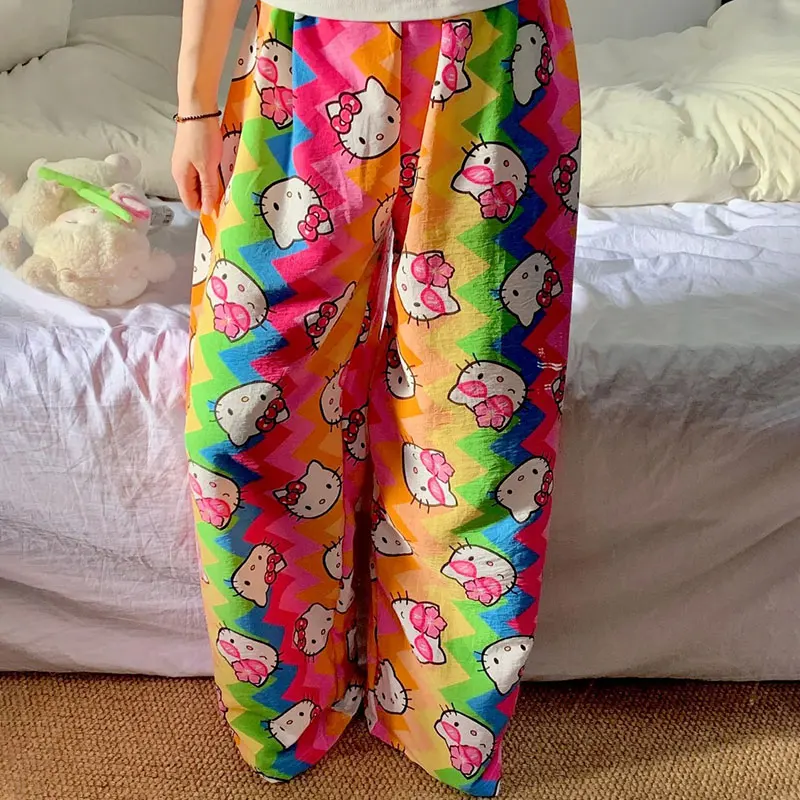 Pajama Pants Anime Kt Cat Rainbow Dopamine Trousers Skirt Cartoon Cute Loose Casual Trousers Cartoon Girl Gift Hello Kitty Loose
