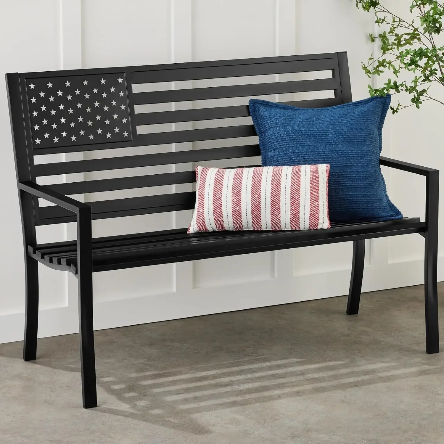 

Outdoor Bench 2-Person Steel Indoor/Outdoor Bench for Garden, Patio, Porch, Entryway w/American Flag, 790lb Capacity – Black