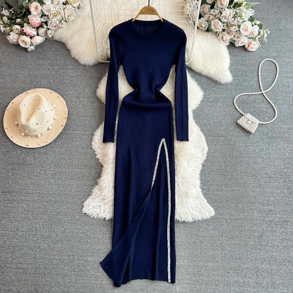 

Autumn and Winter Korean Style Celebrity Long Sleeve Round Neck Waist Split Wrap Hip Knit Bottom Dress Elegant Long Dress