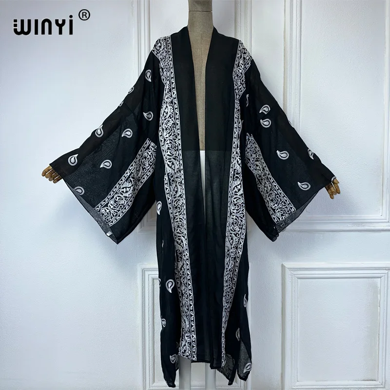 WINYI Embroidery Front cardigan Beach Cover Up Bohemian All-match Sexy comfortable perspective home coat Holiday Kimono dress