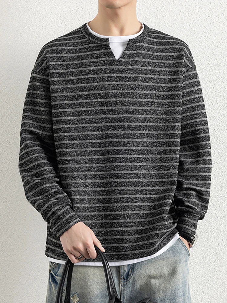 

Casual Stripe Sweatirt Men's Spring Autumn Long Sve T-irt Leisure Base irt Top Design Sense Haome Knitted Fabric