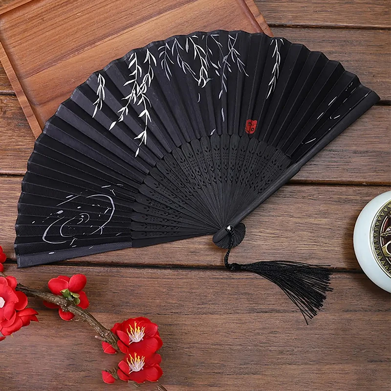 Chinese Style Folding Hand Fan, Black Bamboo Fan with Willow Print & Tassel, Portable Fold‑up Fan for Hanfu Costume, Dance