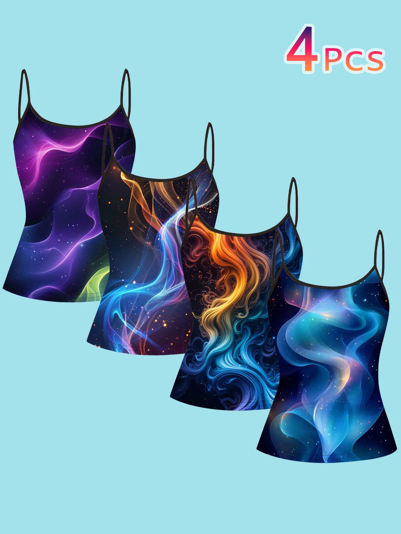 4-Piece Set of Women's Black Neon Fluid Nebula Print Camisoles with Cyber-Iridescent Light and Smoke Effect, Slim-Fit Spaghetti Strap Inner Tops