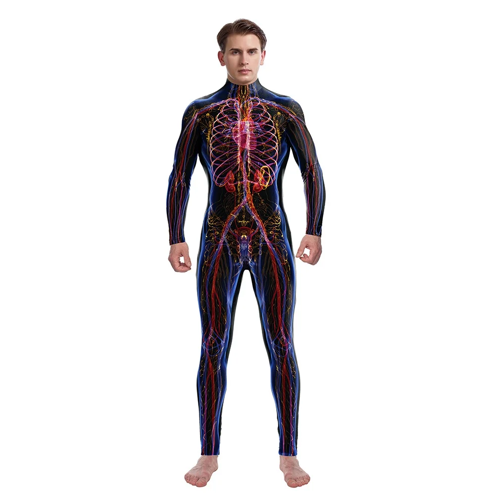 Costume de cosplay de squelette imprimé en 3D pour hommes et femmes, combinaison de corps humain, muscle, crâne, modules, Halloween