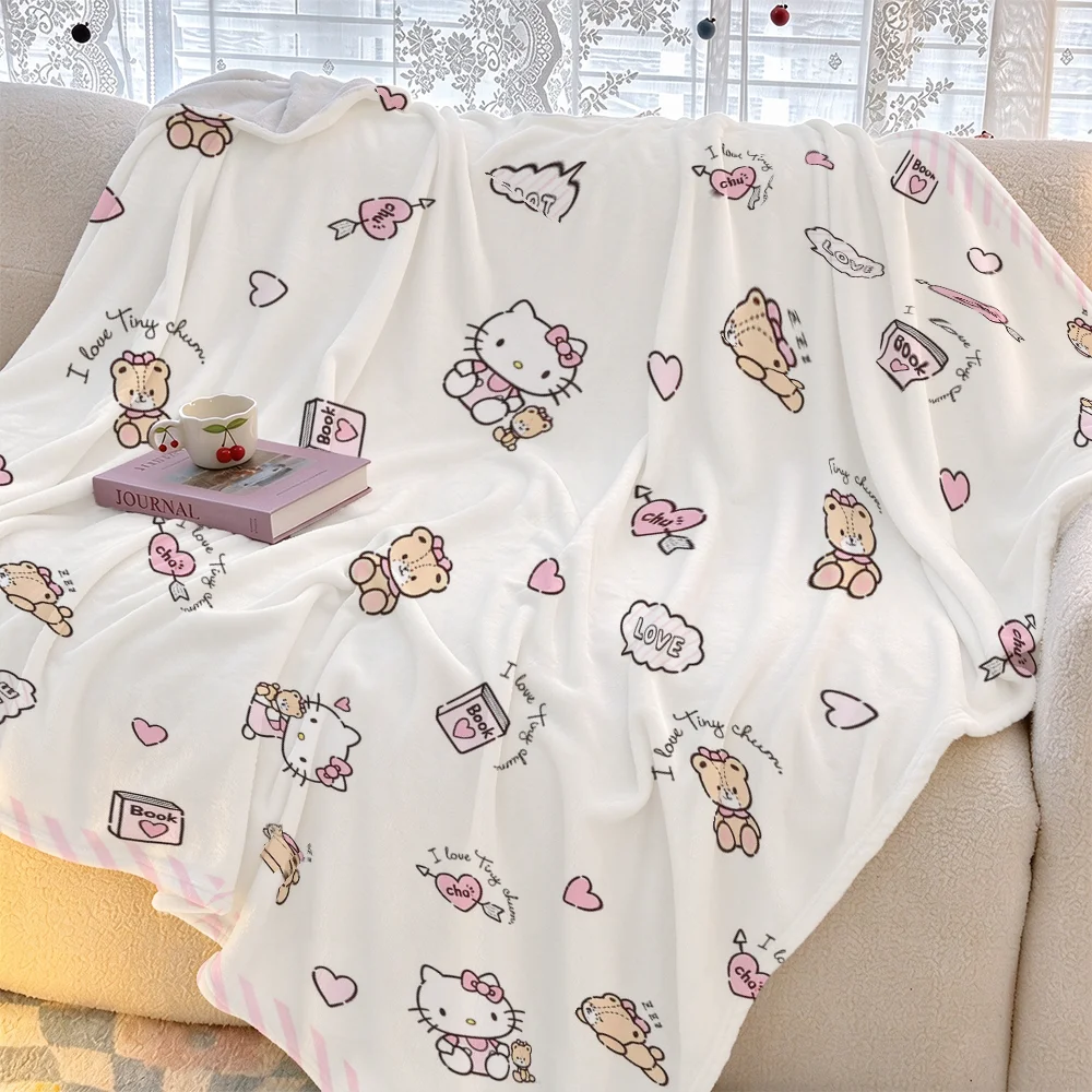 Cute Hello Kitty Flannel Blanket Cartoon Bear Heart Print Soft Fleece Throw Sofa Cover Valentine Baby Blanket Camping Car