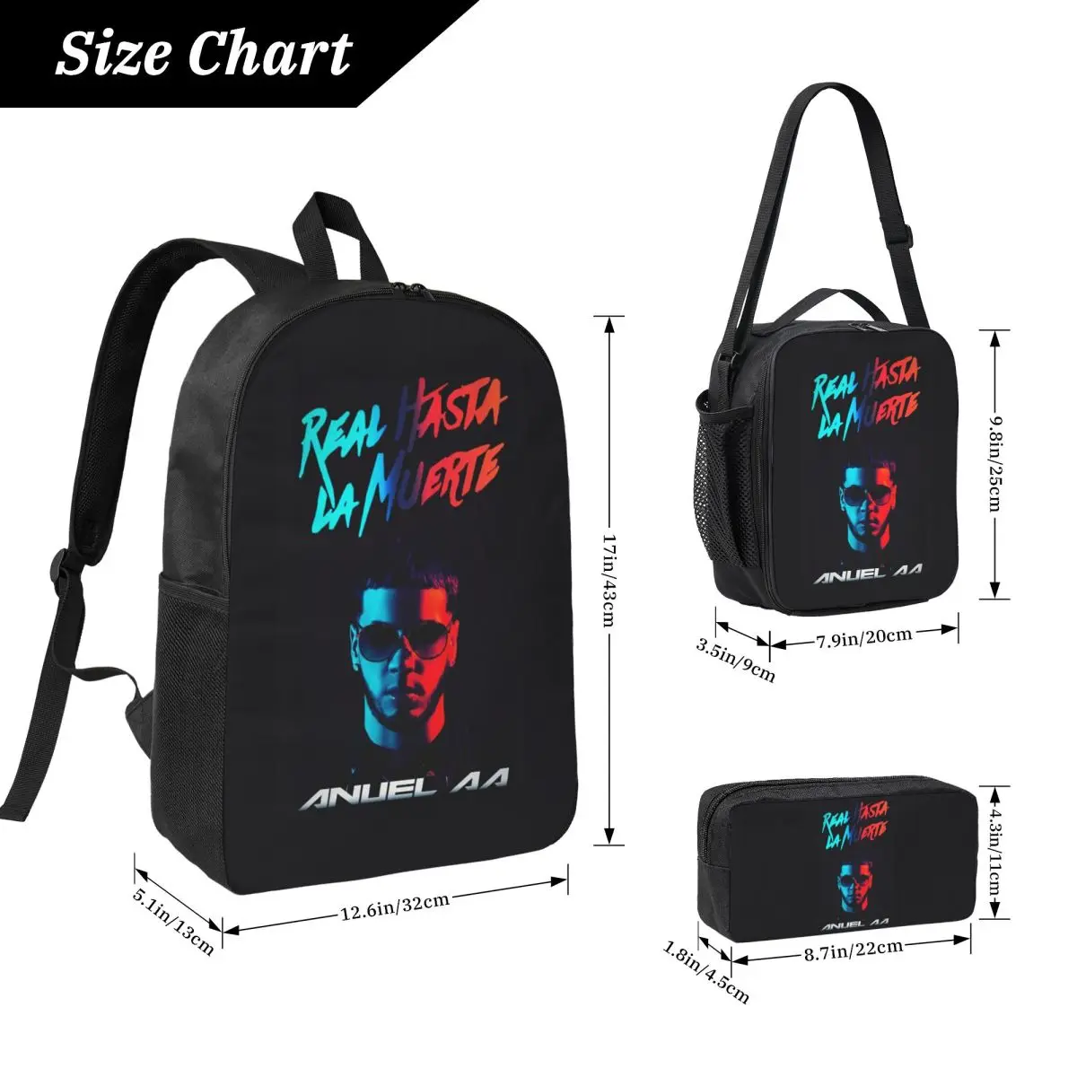 Fashion Hot Rapper Anuel AA Backpack Boys Girls BookBag School Bag Computer Shoulder Bags 3ps Insulated Lunch Bag Pencil Case
