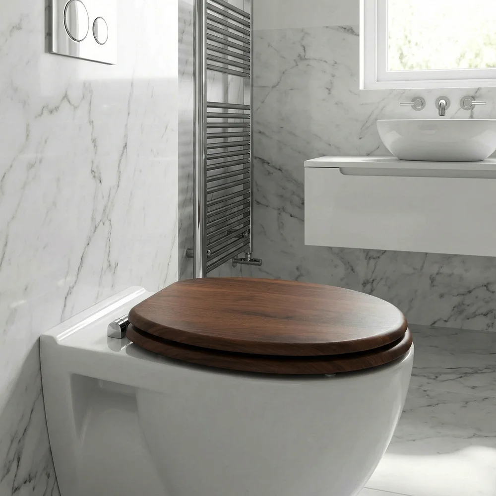 SINOBATH Universeller Toilettendeckel mit Absenkautomatik, WC-Sitz aus Holz, MDF-Toilettendeckel, Tragfähigkeit bis 190 kg, Zinklegierungsscharnier, antibakteriell und leicht zu reinigen, geeignet für 18-Zoll-Toiletten – Detail 3