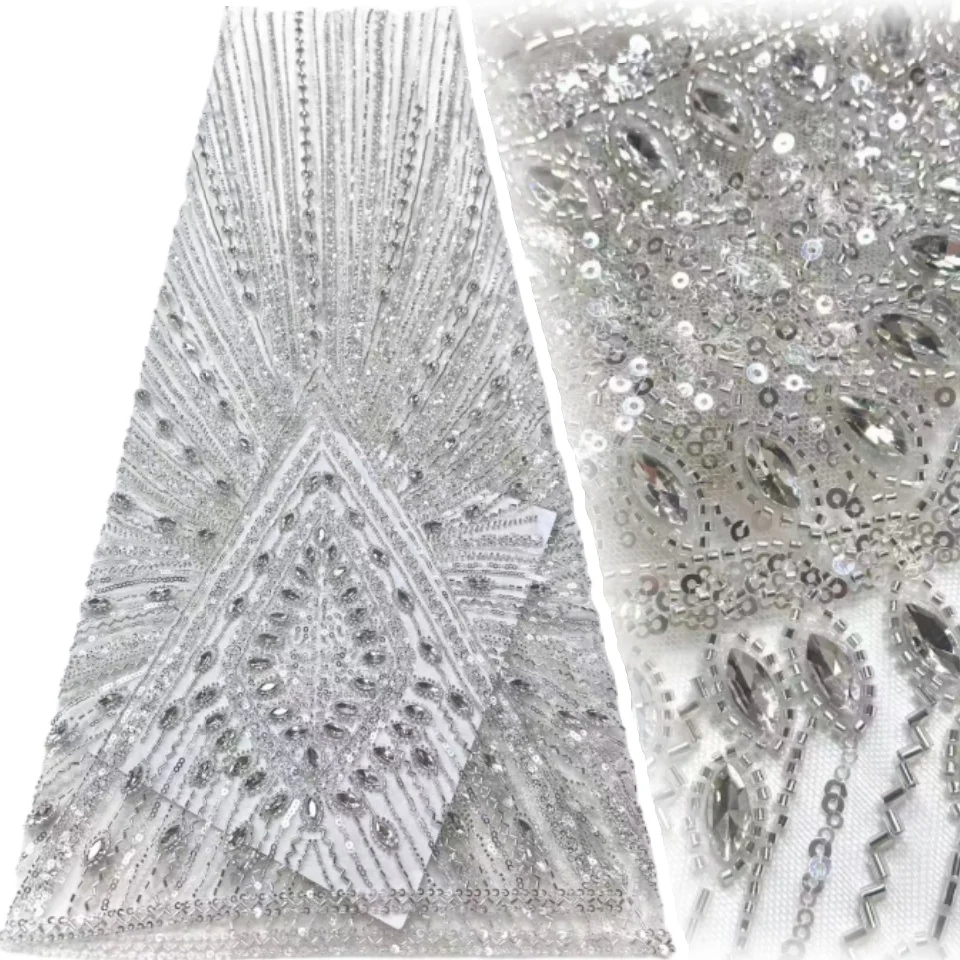 

Африканская тяжелая кружевная ткань ручной работы с бисером 2026, высококачественная нигерийская кружевная ткань с блестками и бисером, подходит для свадьбы 1910