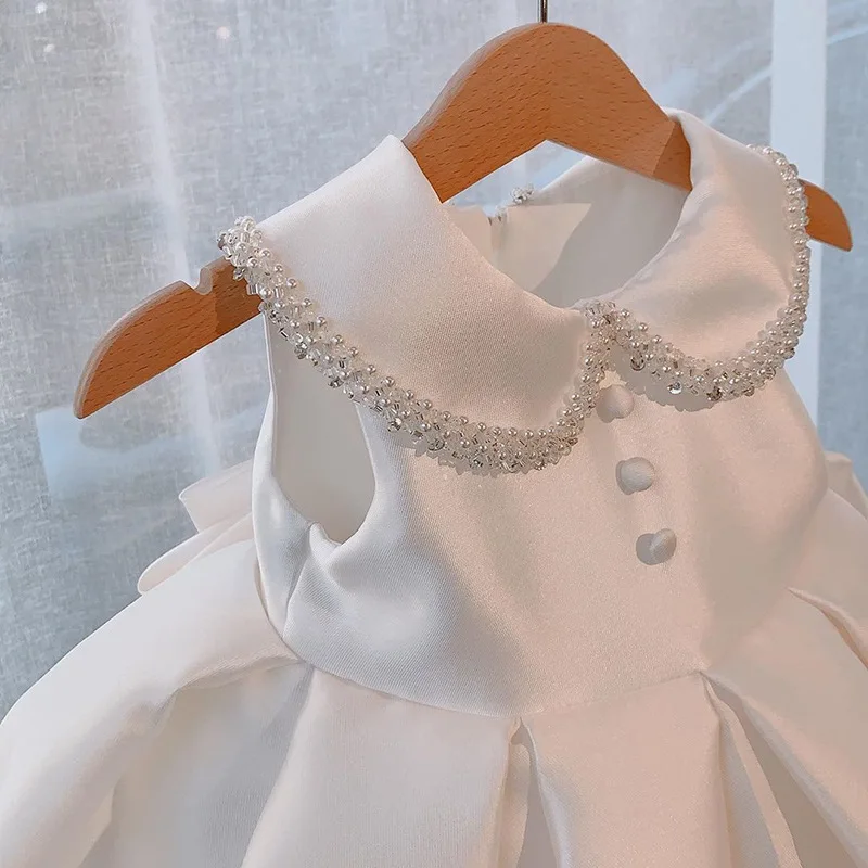 Baby White Baptism Dress For Girls Bridesmaid Party Dresses Pearl Children Clothes Bow Girl Birthday Princess Wedding Ball Gown