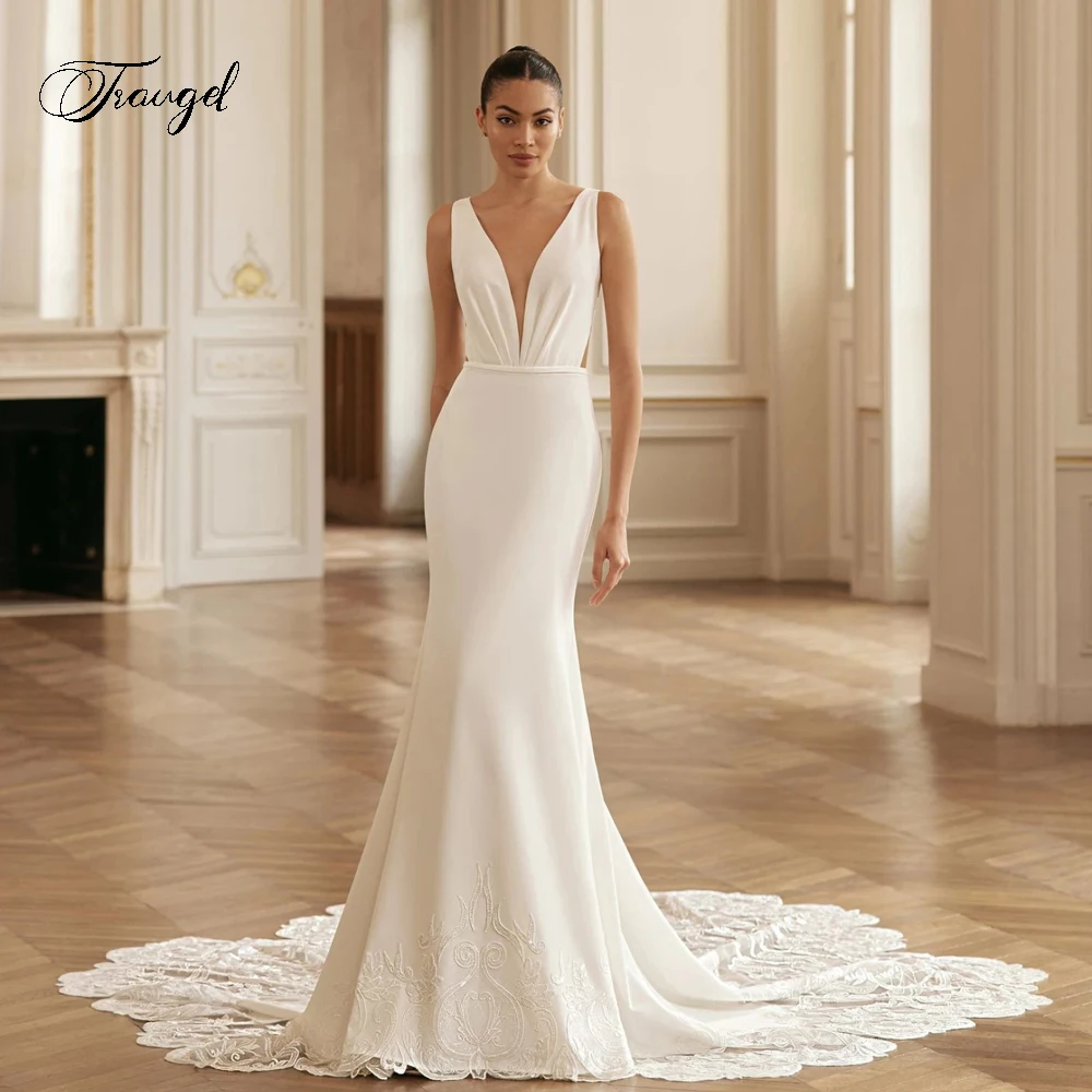 

Traugel Elegant Illusion V Neck Soft Satin Mermaid Wedding Dresses Luxury Appliques Court Train Pleat Trumpet Bridal Gown