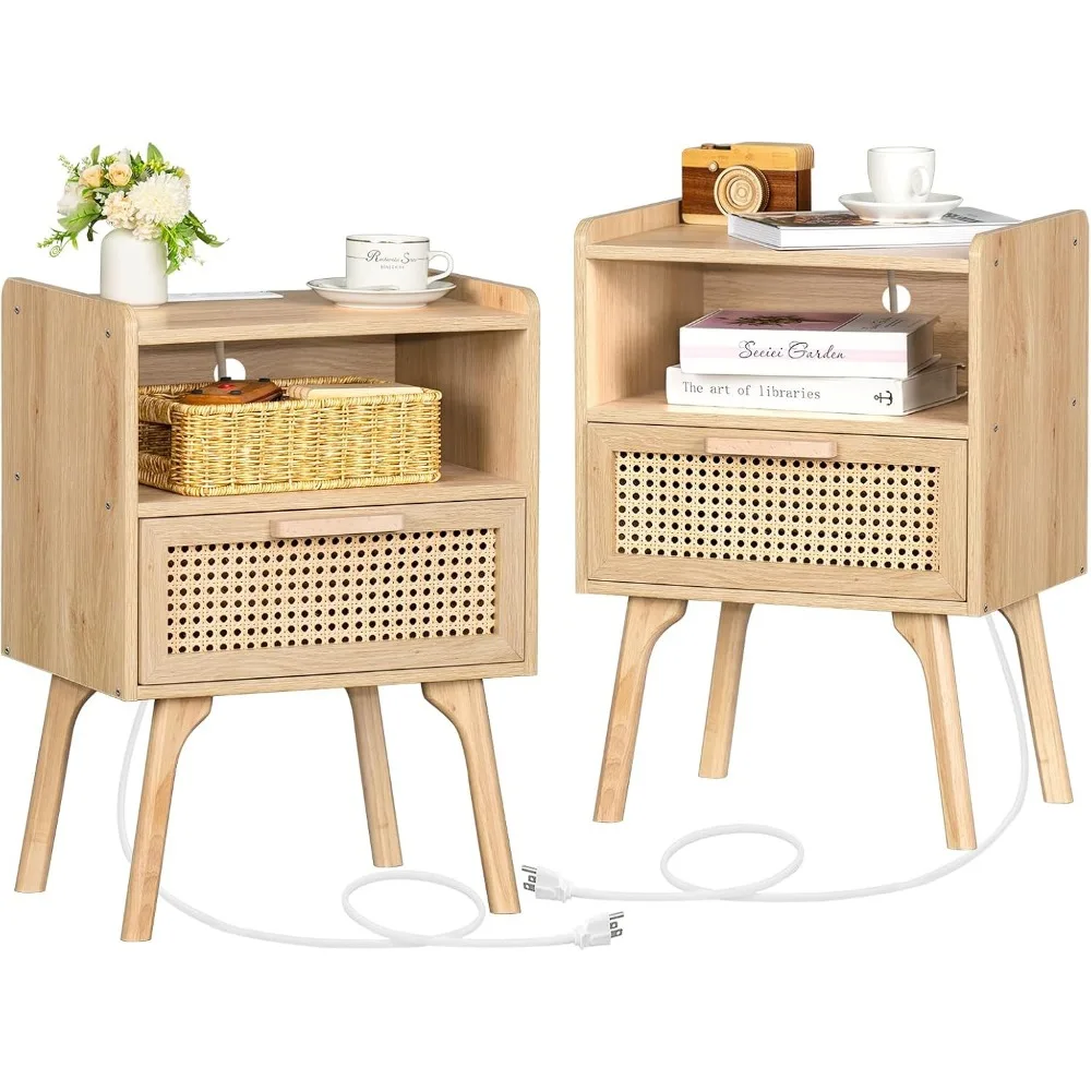 

Rattan Nightstands Set of 2 with Charging Station, Boho Side Table with Drawer Open Shelf, Cane Accent Bedside End Table with S