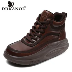 DRKANOL 2024 inverno donna piattaforma stivaletti corti autunno Lace-Up stivali con suola spessa in vera pelle Sneakers Casual alte