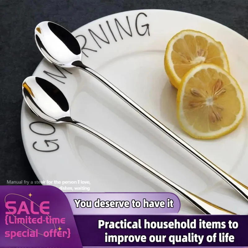 1/6Pcs Stainless Steel Long-Handled Ice Teaspoon, Coffee Spoon, Ice Cream Stirring Spoon, Dishwasher Safe, Kitchen Accessories