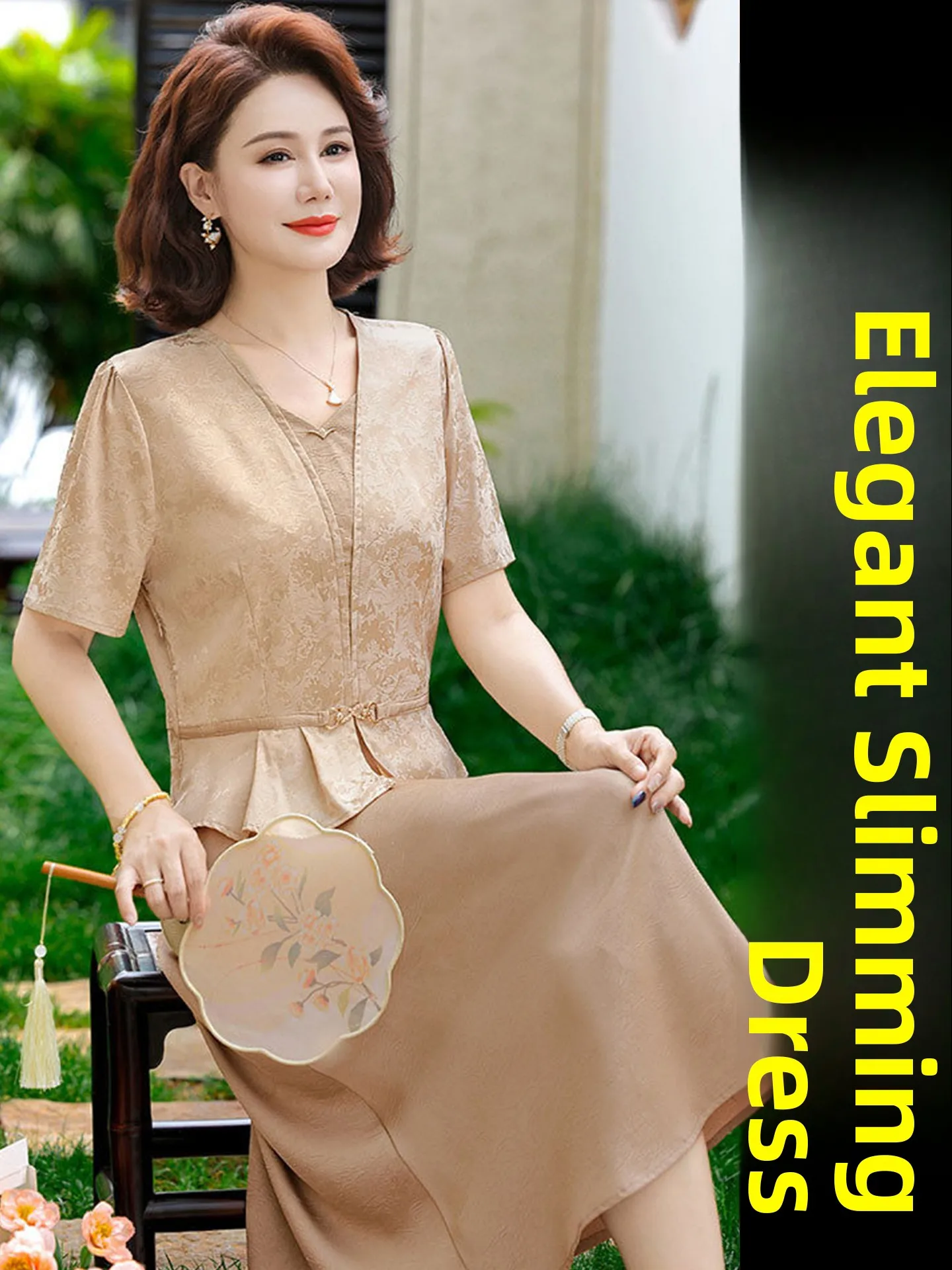 

Elegant Summer Dress Fake Two-Piece Wedding Dress for Elderly Women Standard Fit Zipper round Hemline Fashionable Matron of H...