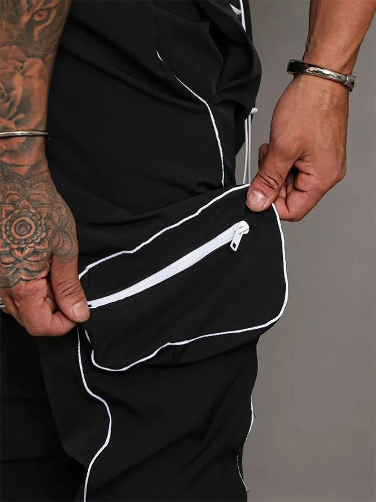 New Fashion Reflective Multi-pockets Cargo Pants Men Casual Drawstring Zipper Slim Pants 2024 Summer Mens Streetwear Pants Male