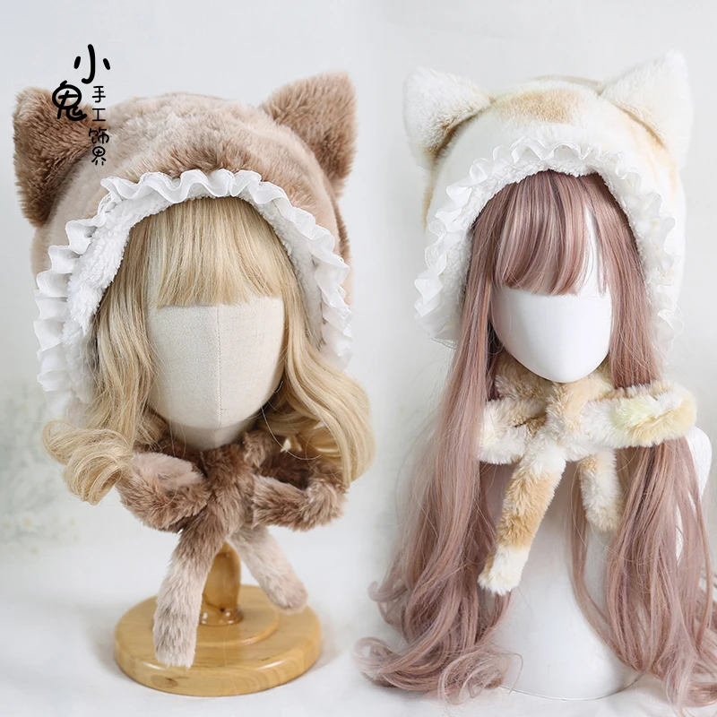 Three Flower Cat Ears Cute Lace Autumn and Winter Ushanka Lolita Plush Tabby Cat Lolita Earflaps Head-Wrapping Hat