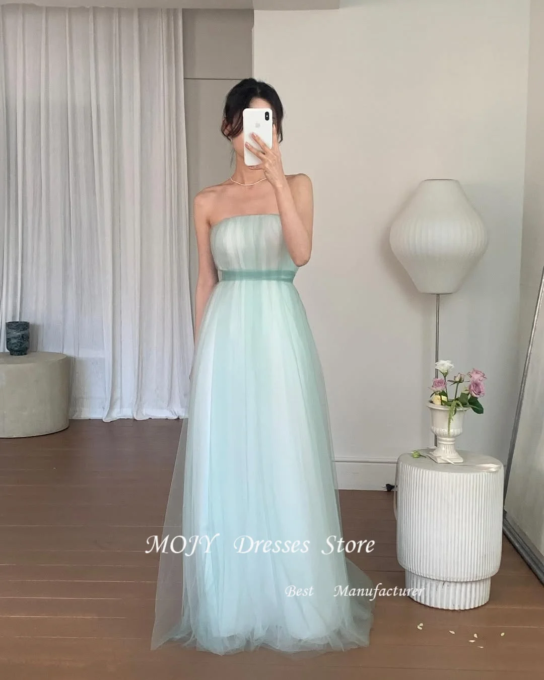 Mojy sans bretelles fée vert châle plissé corée robes de bal Tulle personnalisé a-ligne robes de soirée mariage séance Photo longueur de plancher