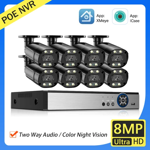 무선 야외 CCTV NVR 양방향 오디오 시스템 키트, POE IP 카메라, 컬러 나이트 비전 보안, 10CH 4K 8MP 비디오 감시