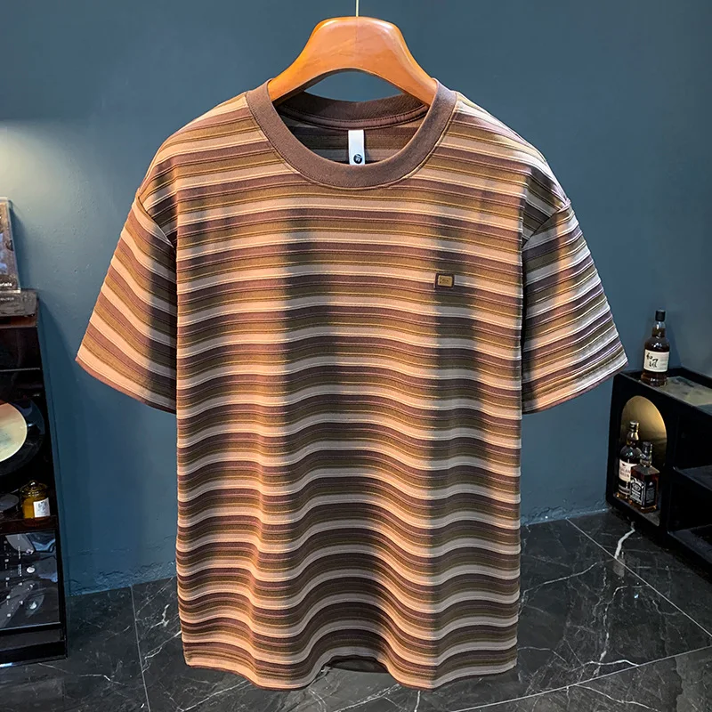 

Striped T-shirt Men's Summer 2025 New Knitted Fashion Trendy Brand Round Neck Loose Casual Short Sleeve Top