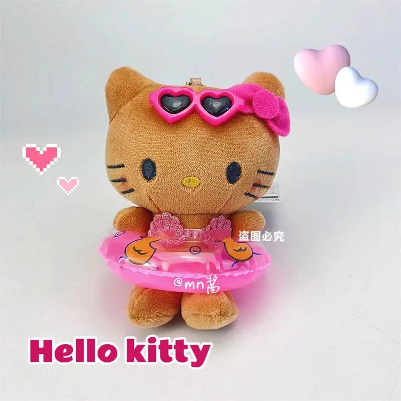 Jouets en peluche Hello Kitty, peau foncée, noir, mignon, plage hawaïenne, anneau de natation marron, figurine de sac, porte-clés, pendentif de sac à dos, cadeaux pour enfants