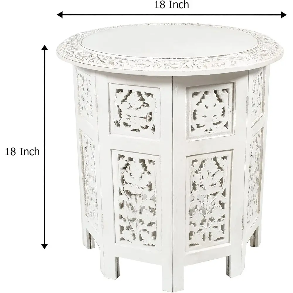 طاولة نهاية قابلة للطي من الخشب الصلب بتصميم بوهو عتيق - طاولة جانبية مستديرة مصنوعة يدويًا 18 للمساحات الصغيرة والمدخل وغرفة المعيشة والسرير #3