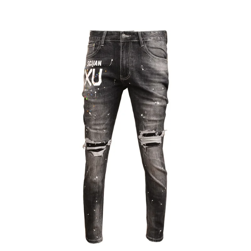 Vintage Printed Ripped Jeans Men's Street Handsome All-Match Stretch High Street Spray Paint Casual Skinny Tappered Pants