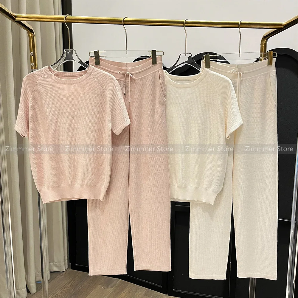 2024 Early Autumn Women\'s New Gentle Wind Elegant Round Neck Soft Hundred Knit Short Sleeve + Elastic Waist Pants Set