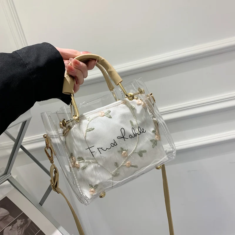 Spring Summer New Women Handbag Fashion Floral Embroidery Transparent Female Composite Bag Casual Versatile Ladies Crossbody Bag