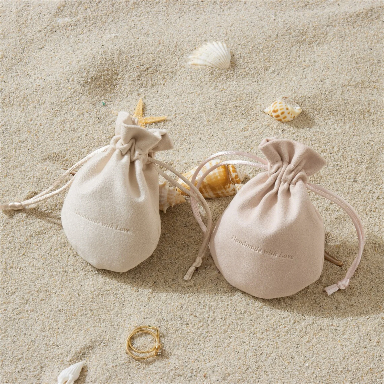 

50pcs personalized debossed logo half round drawstring bag custom jewelry bag double-sided velvet pouch nude jewelry packaging