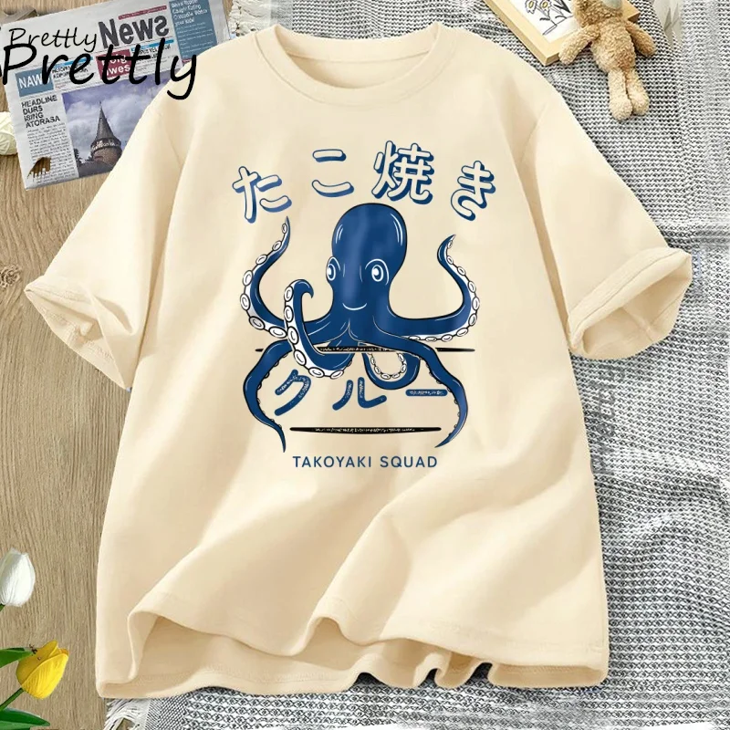 

Женская футболка, японская футболка Takoyaki Octopus Squad, футболка для любителей уличной еды, футболки с графическим рисунком, летняя хлопковая одежда унисекс