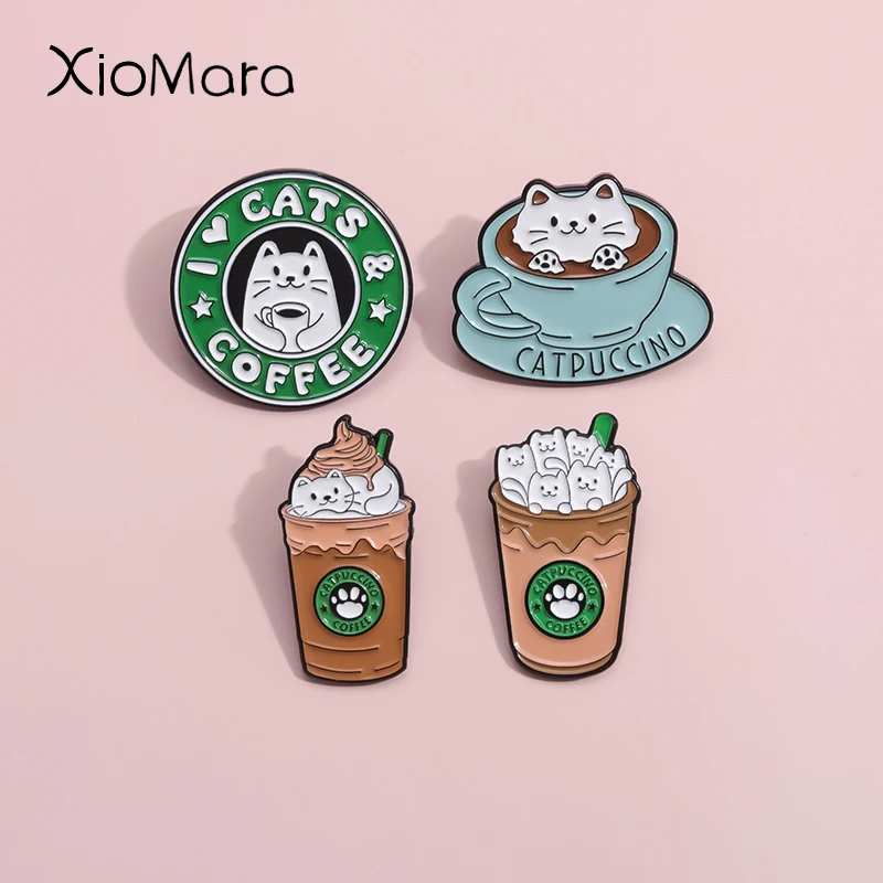 I Love Catpuccino Coffee Kitten Enamel Pins Custom Cat's Paw Milk Tea Cup Brooches Lapel Pin Shirt Badge Cartoon Animals Jewelry
