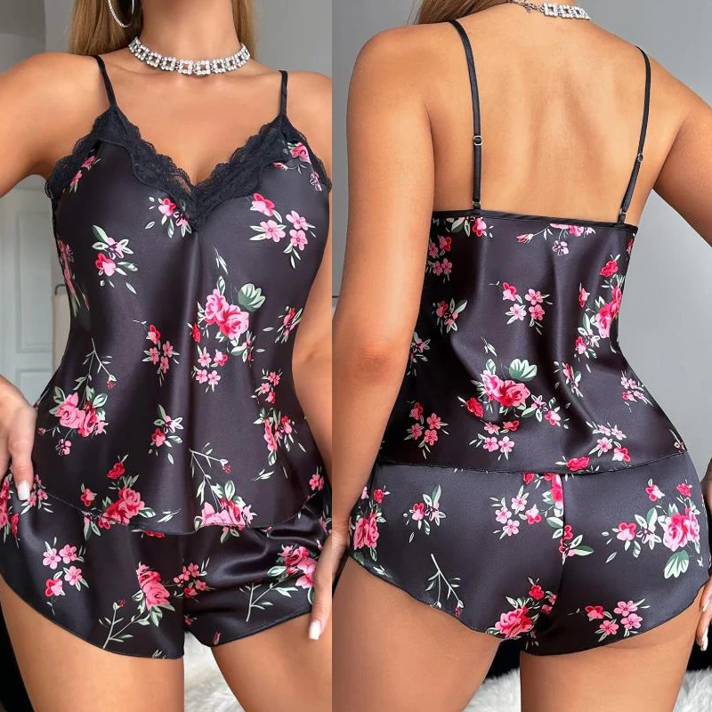 

Новый женский пижамный комплект: модный шелковый атласный бэбидолл с V-образным вырезом, кружевное сексуальное белье, пижама с цветочным принтом, шорты для сна, комплект для отдыха