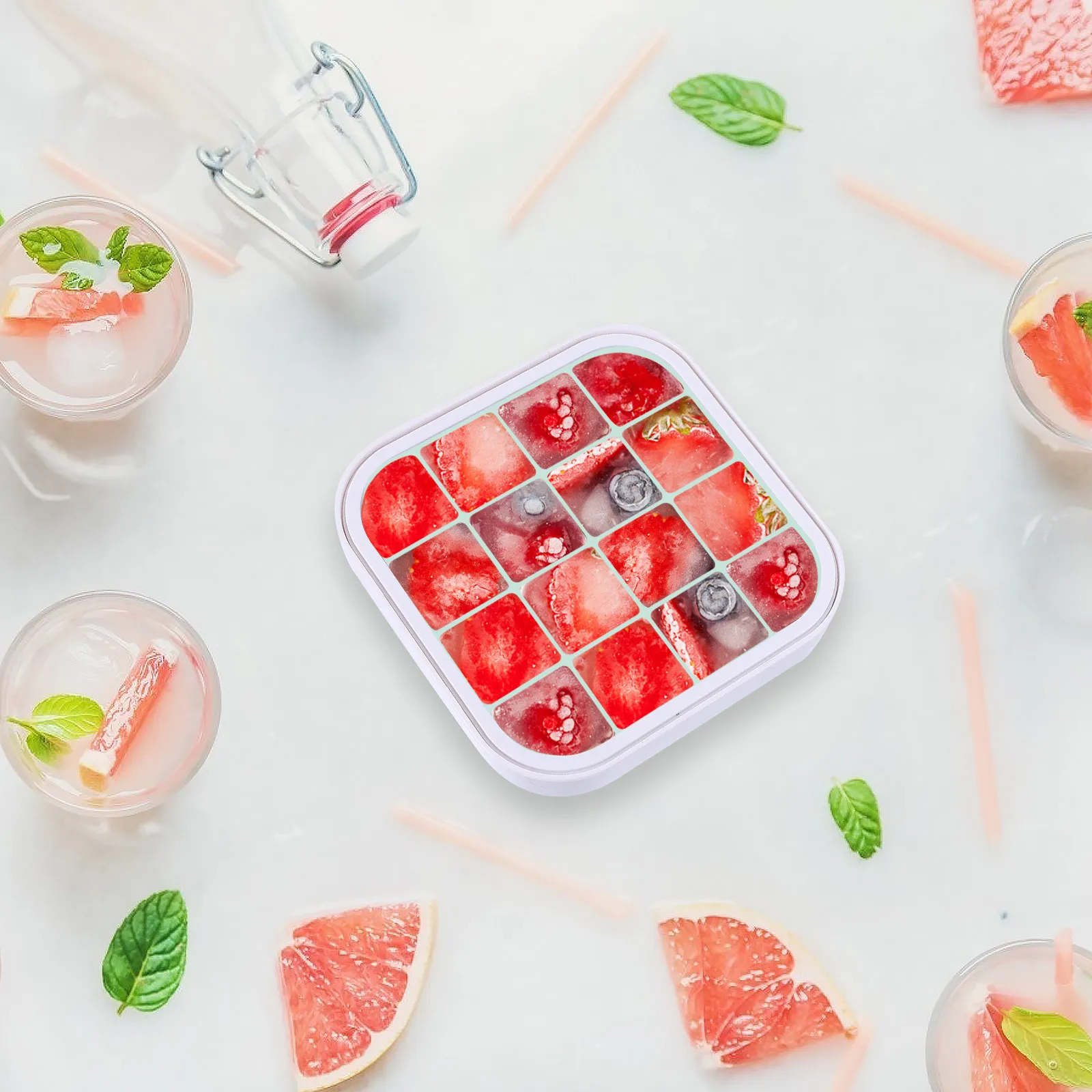 16-Cavity Food-Grade Silicone Ice Cube Mold with Removable Lid Odor-Proof Leak-Resistant for Drinks Juices Cocktails DIY Ice