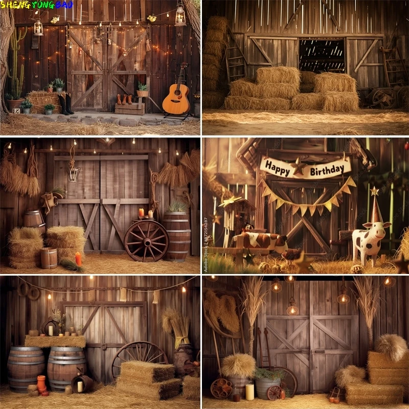 Pano de cowboy ocidental do campo, porta de celeiro rústica, cenários fotográficos, fardos de feno, roda, velas, fundo de fazenda
