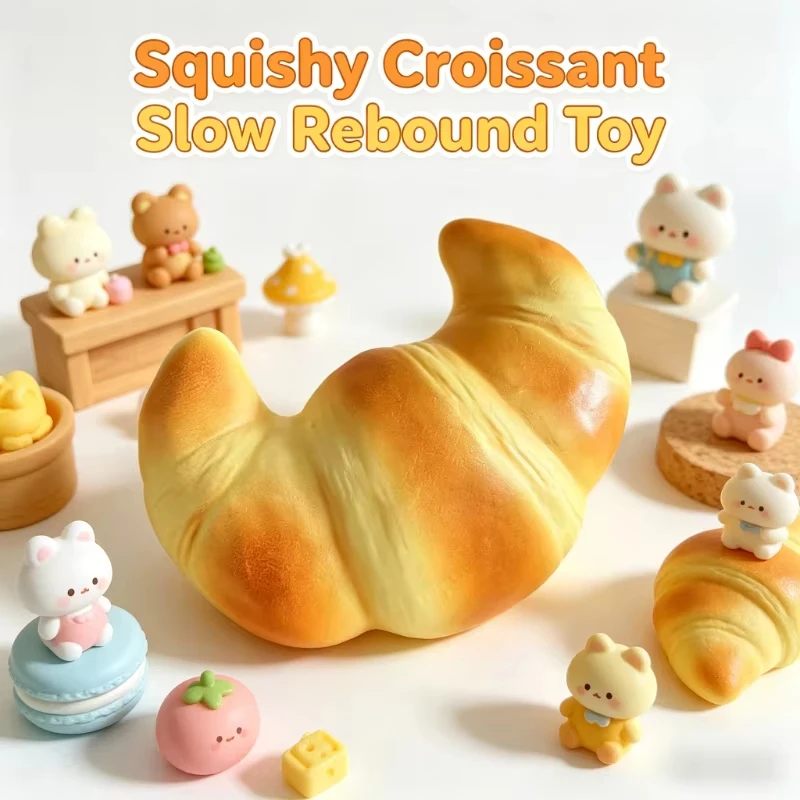 Squishy Croissant Slow Rising Sticky Stress Relief Toy, Soft Simulated Bread Squeeze, Anti-anxiety Fidget Gift for Kids Adults