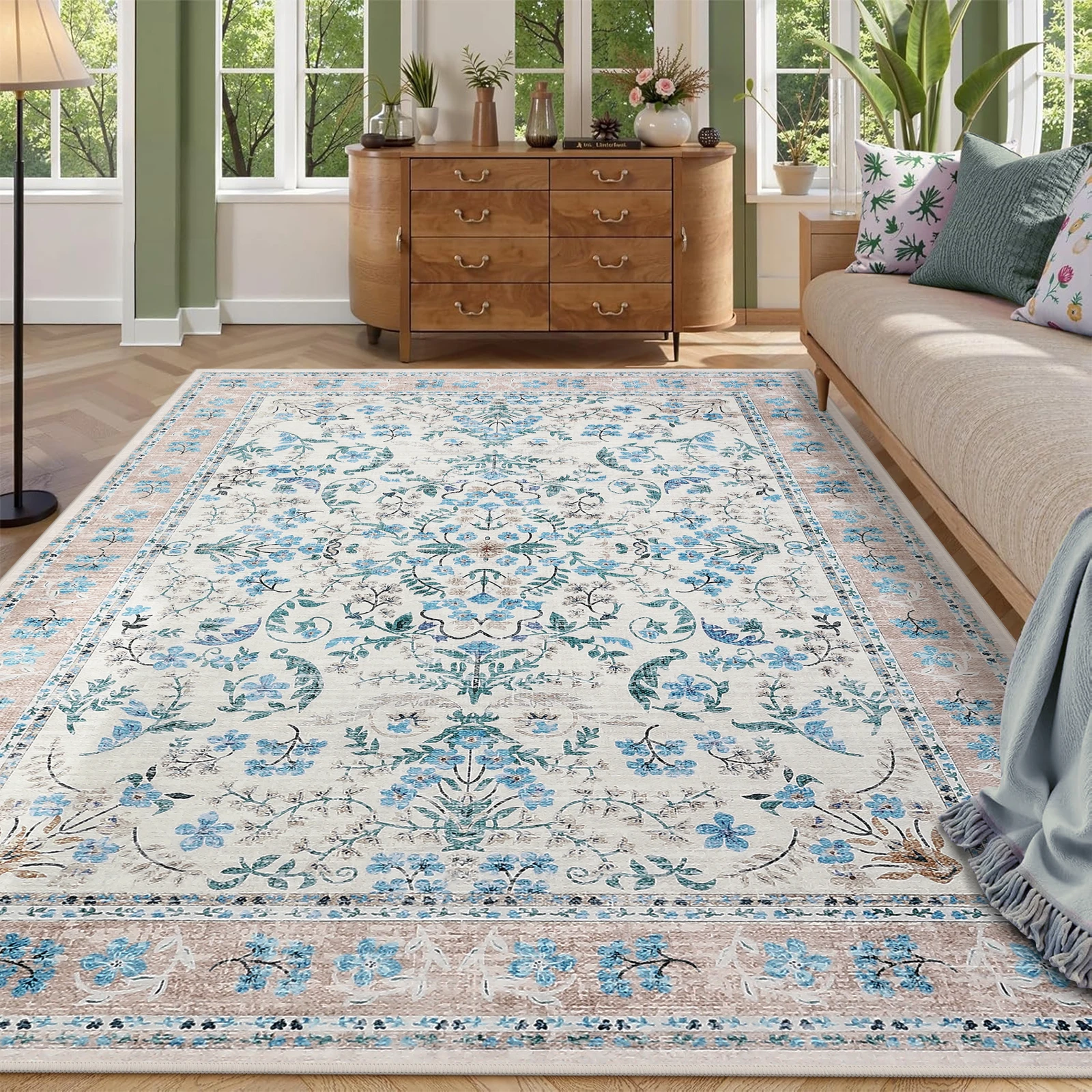 Ultra Soft Low Pile Washable Area Rug 9x12 – Vintage Floral Design – Non-Slip, Collapsible Carpet for Living Room, Bedroom, Dining Room, Nursery – Machine Washable Indoor Floor Decor