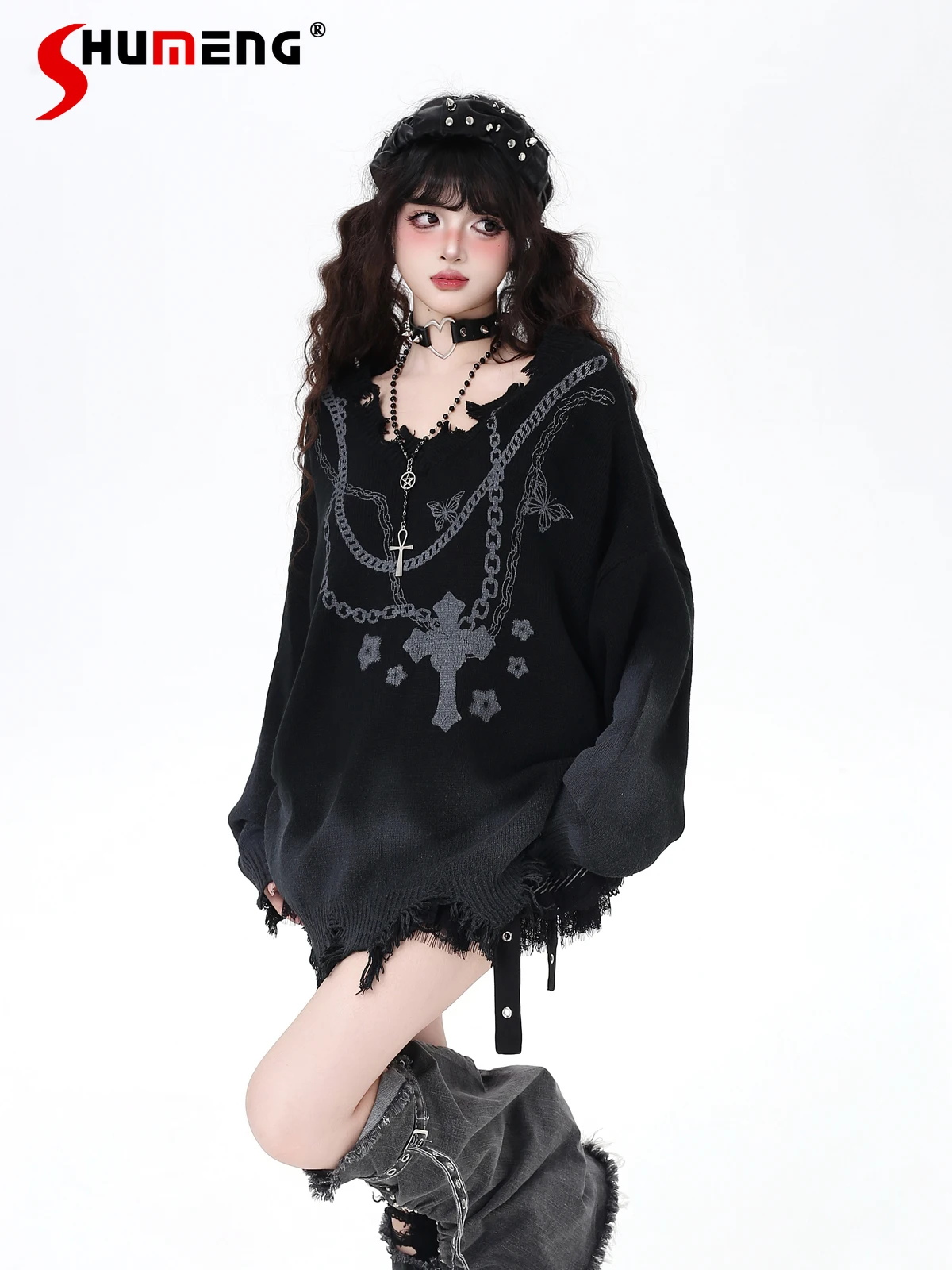 

Gothic Subculture Sweet Cool Girl Y2K Knitted Tops Distressed Collar Print Loose Casual Versatile Pullovers Sweater Women Autumn