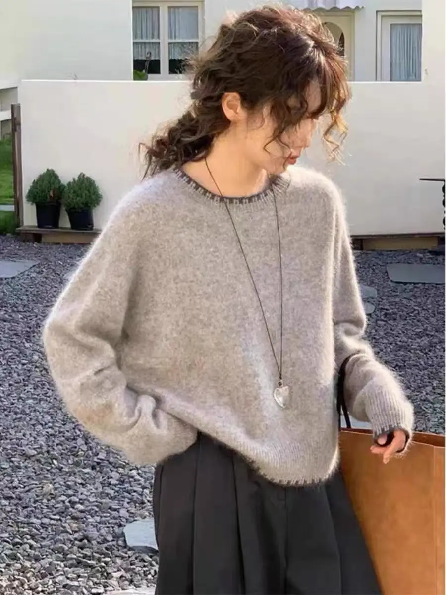 

100% Merino Wool Thick Pullover for Women Color Blocking Knitwear Round Collar Cashmere Sweater Autumn Winter Casual Soft Top