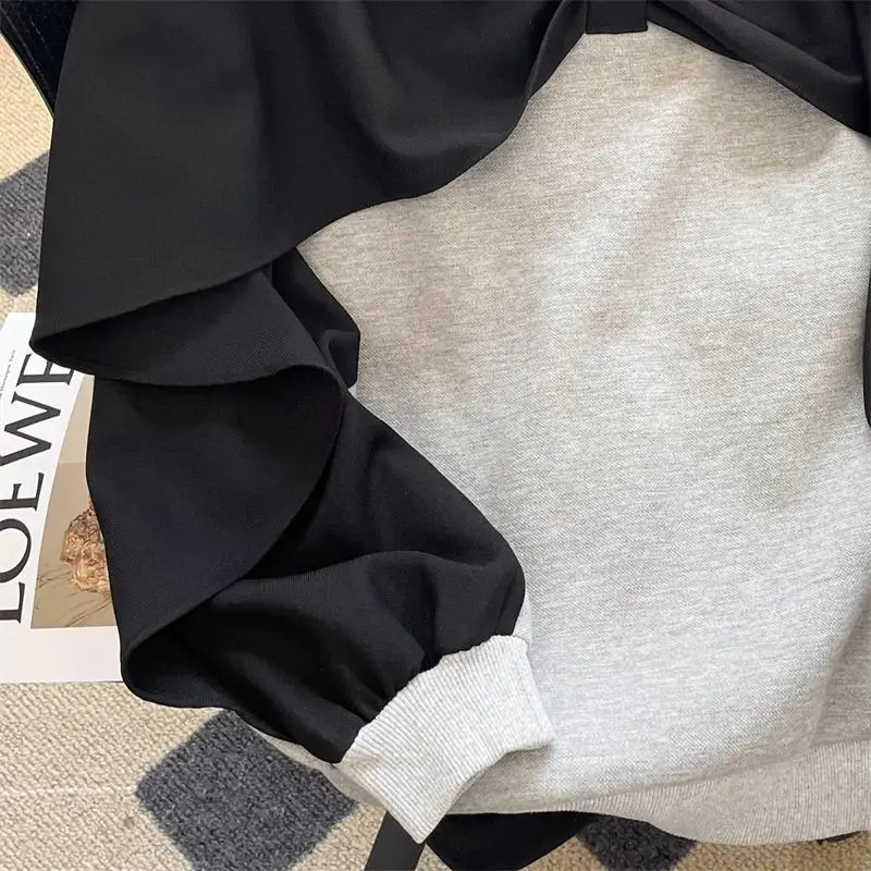Gray sweatshirt for women spring and autumn popular fake two-piece splicing design loose bow clothes Harajuku retro casual y2k