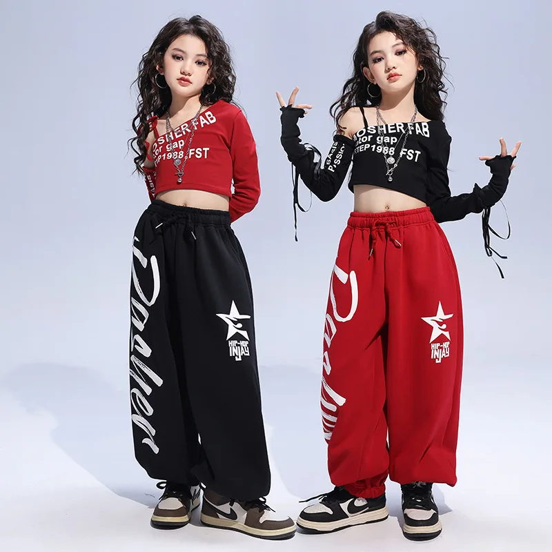 Kid Hip Hop Clothing White Black One Shoulder Crop Top T Shirt Casual Sweat Jogger Pants for Girls Jazz Dance Costumes Clothes