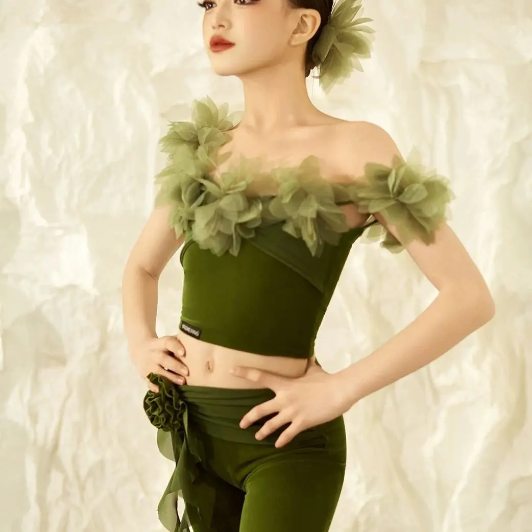 New Single Shoulder Latin Dance Practice Dress Wizard of Oz Cute Elf Simple Show Leg Length Advanced Fresh Performance Dress Set