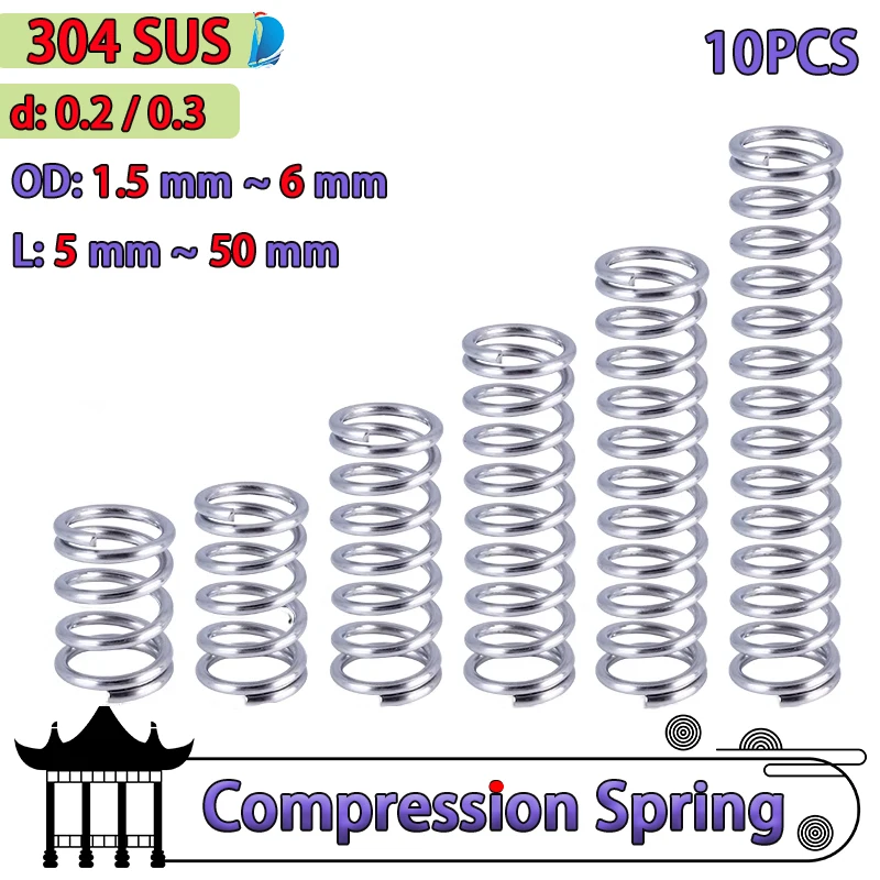 10 Pcs Wire Diameter 0.2 0.3mm 304 Stainless Steel Compressed Springs Release Pressure Cylidrical Coil Compression Spring Return