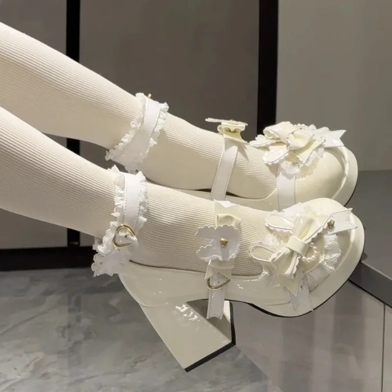 

Cute Mary Jane Shoes for Women Cute Rabbit Sweet Round Head Lolita Women's Shoes Fashion Lace Bow Waterproof Table High Heels