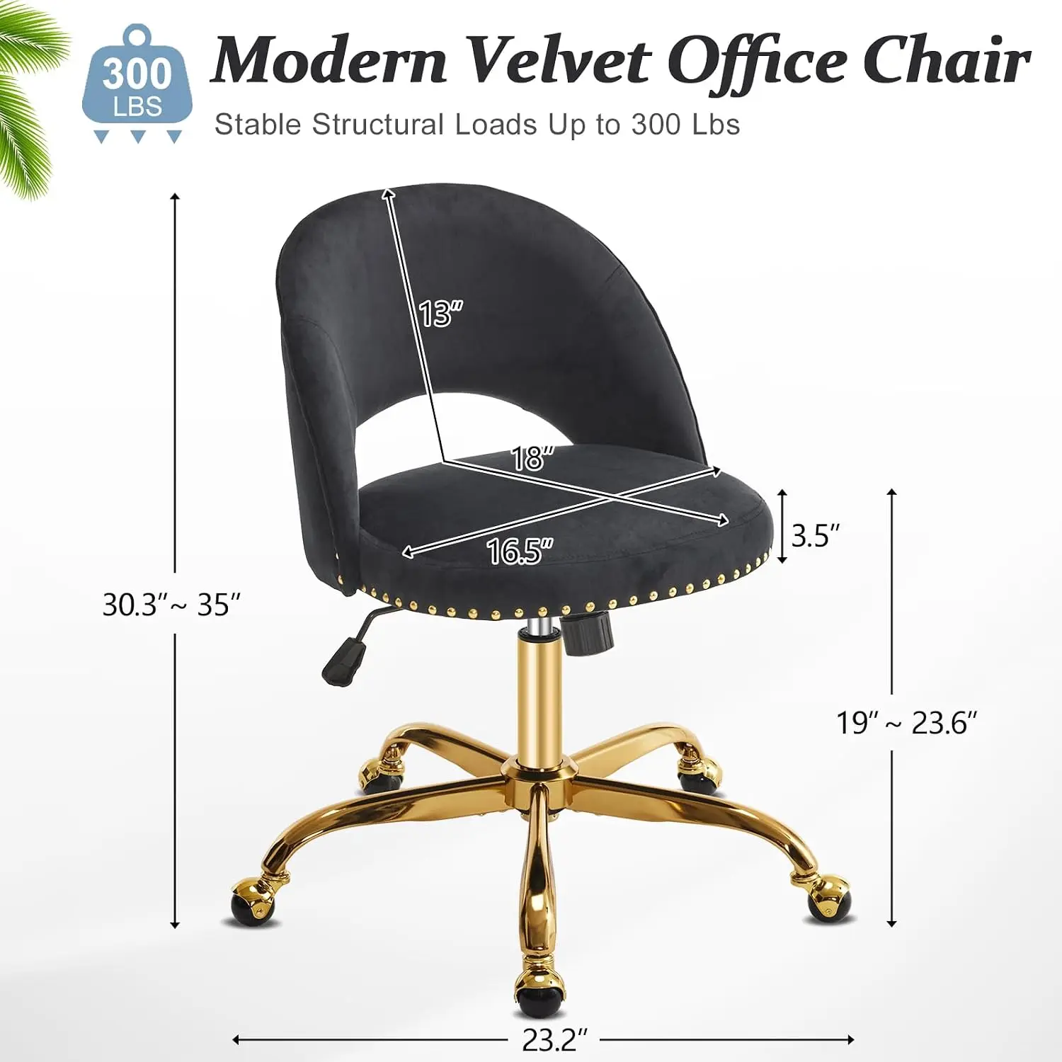 Velvet Office Desk Chair Wheels Gold Base Armless Swivel Vanity Task Chair Bedroom Kids Black, Customized