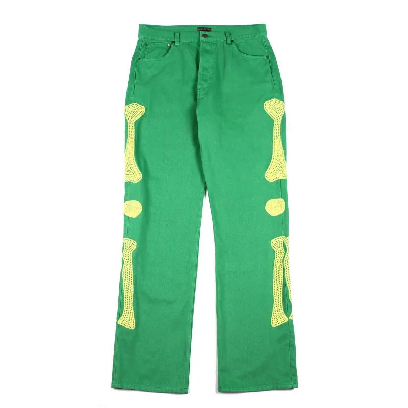 

Japanese Fashion Brand Kapital Hiroda Hiroshi Bone Embroidery Trend Versatile Loose Casual Pants Jeans Male Retro Green Trousers