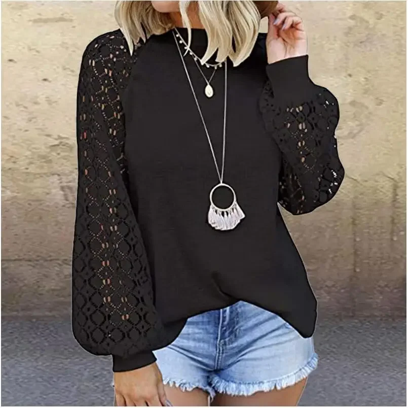 Autumn Winter Women Vintage Hollow Out O Neck Solid Lace Long Sleeve Tops T-Shirt Female 5 Colors S-XXL Casual Elegant Pullovers