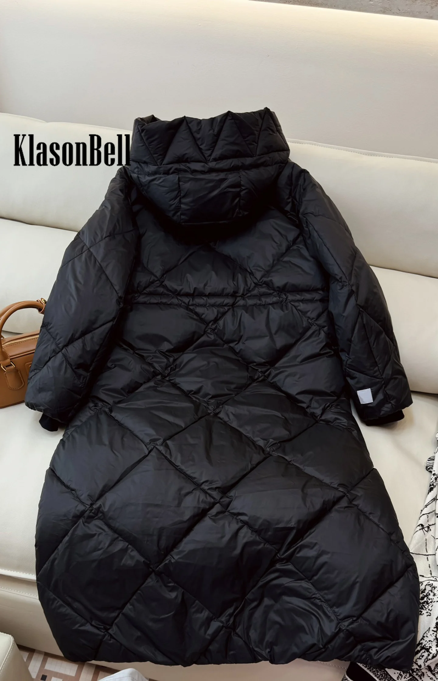 8.31 KlasonBell Women Quilted Argyle Plaid Hooded Goose Down Long Outerwear Drawstring Collect Waist Keep Warm Down Coat