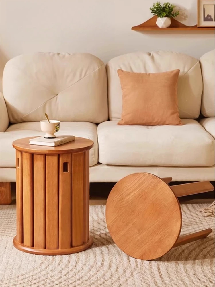 Taburete redondo pequeño de madera maciza, taburete de almacenamiento multifuncional apilable para el hogar, comedor, madera de caucho, plegable, autónomo
