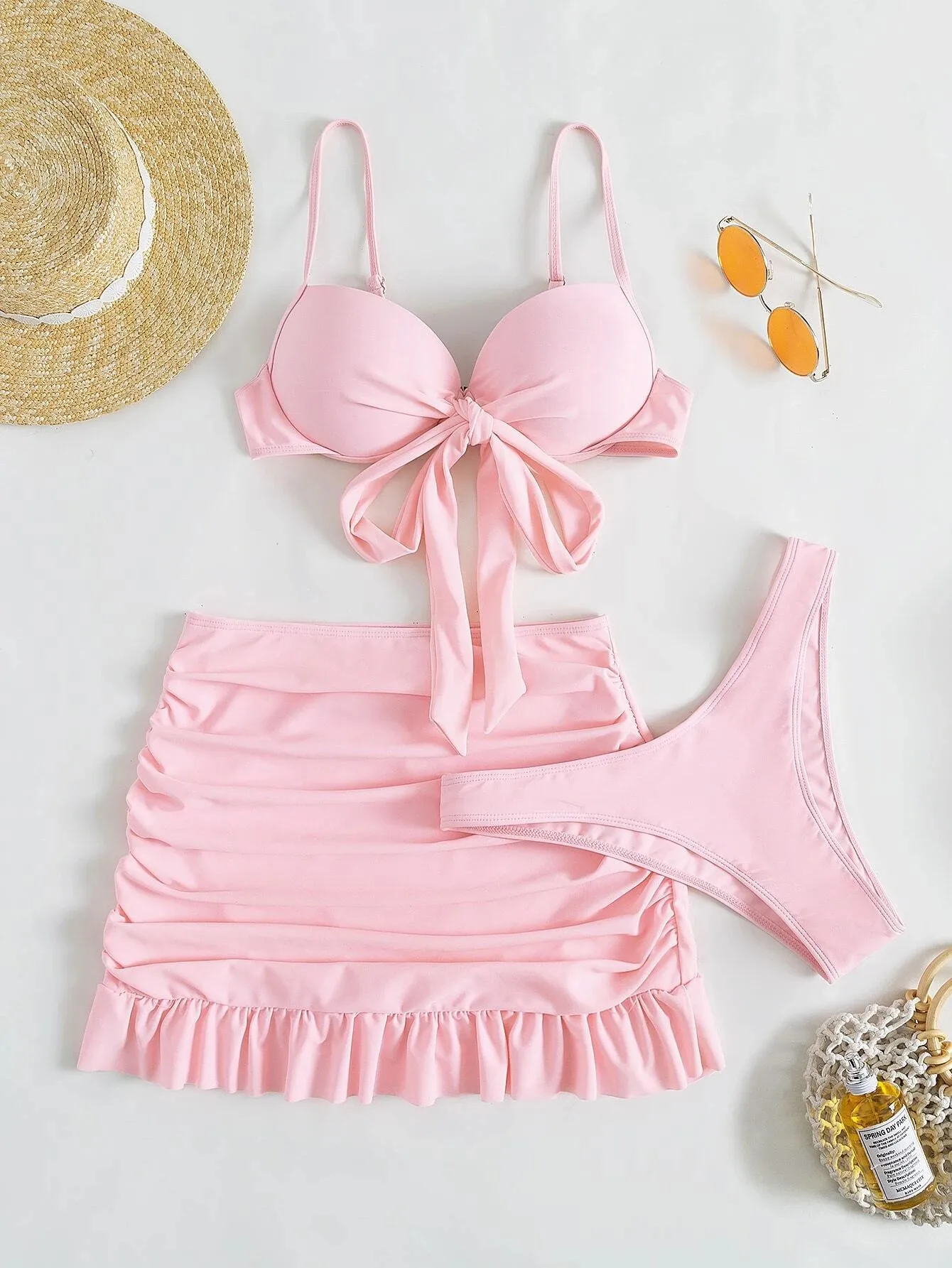 Women solid tie bow push up bikini sets three pieces with wrinkled ruffles mini skirt swimsuit bathing suit beach outfits